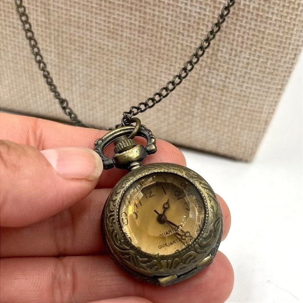Vintage‎ Bronze Tone Pocket Watch Necklace Quartz Locket Pendant Steampunk Chain